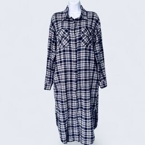 100% Cotton Womens Plaid Maxi Tunic Dress M Blue Boho Indie Cottagecore Prairie